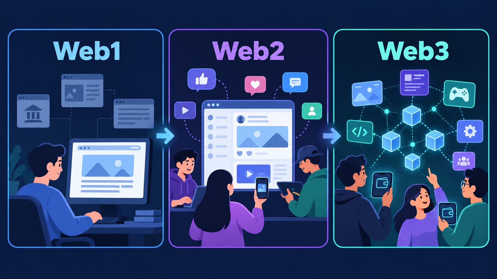 Web1、Web2 与 Web3 的演进示意图